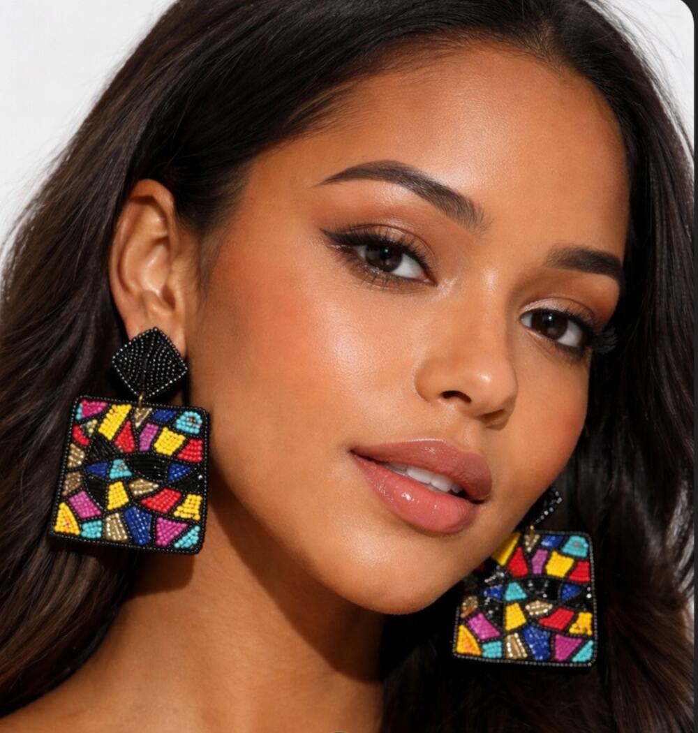 Kay Lee Abstract Colorful Square Beaded Earrings New